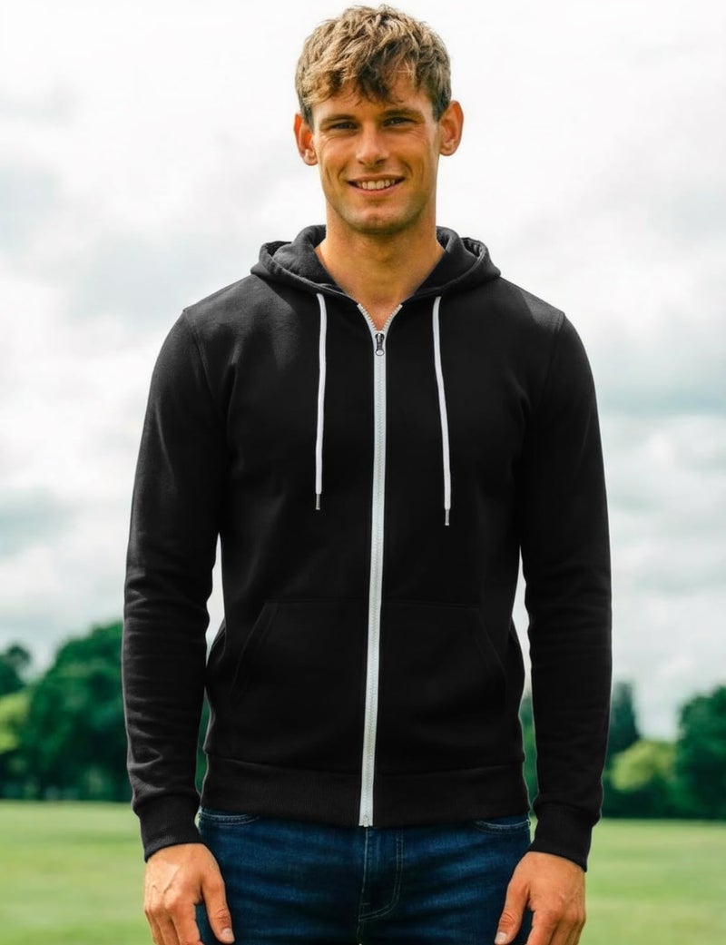 H2H Mens Slim Fit Hoodie with White Zipper and Drawstring BLACK US XL/Asia 2XL (CMOHOL048) - Image 2
